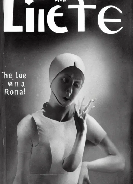 Image similar to LIFE magazine cover, photograph of a woman scared of a robot