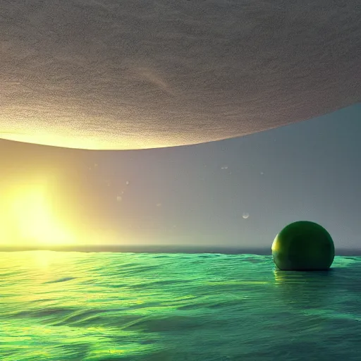 Image similar to a green opaque bubble floating in the center of a sunset cliff, white particles going up inside the bubble, digital concept art, 4 k