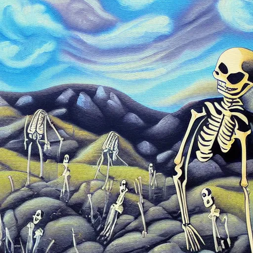 Prompt: alive skeleton painting a landscape with brushes