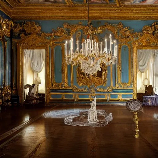 Prompt: actor willem dafoe in a large room, rococo setting, masterpiece, cinematic lighting, realistic, hyperreal, beautiful, clairobscur,