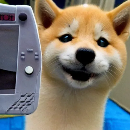 Prompt: a cat shiba inu playing a gameboy