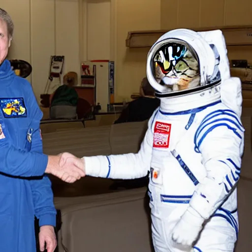 Image similar to cat astronaut shakes the hands with president