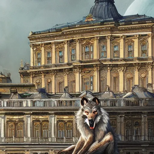 Image similar to werewolf highly sitting on the opera house at lviv, panorama, highly detailed, full body, digital painting, trending on artstation, concept art, sharp focus, illustration, art by artgerm and greg rutkowski and magali villeneuve