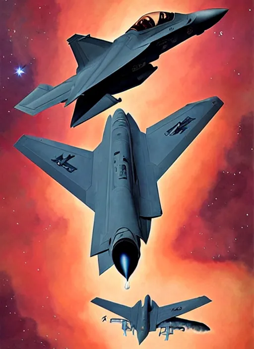 Prompt: poster artwork by michael whelan and tomer hanuka, a portrait, f 3 5 jets dogfighting in the clouds of jupiter, clean