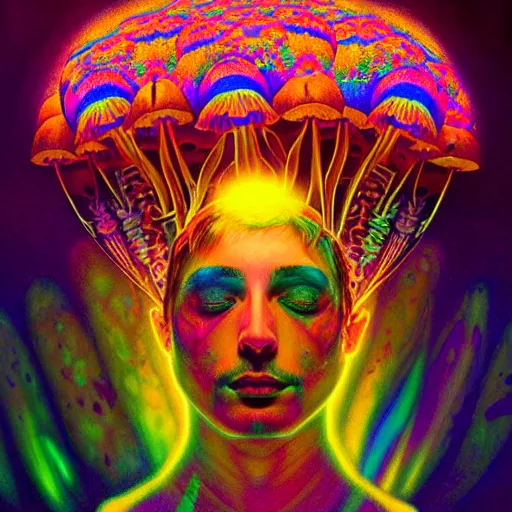 Prompt: A psychedelic experience, colorful, surreal, volumetric lighting, magic mushrooms, psilocybin, LSD, face, detailed, intricate, elegant, highly detailed, digital painting, artstation, concept art, smooth, sharp focus, hyper detailed illustration, good color contrast, art by Sam Spratt and Artem Demura and Alphonse Mucha