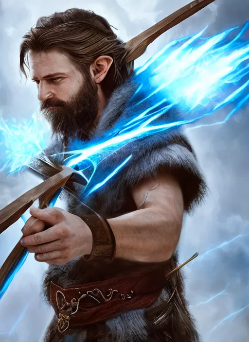 Prompt: A striking hyper real painting of a half elf ranger holding a cross bow with magic blue swirls, shaggy brown hair, scruffy beard, scar on face, blue tunic, unreal 5, DAZ, hyperrealistic, octane render, cosplay, RPG portrait, dynamic lighting