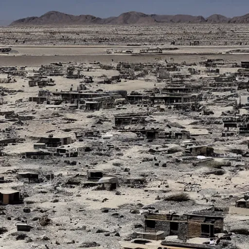 Image similar to apocalyptic beachside city, dried up oceans, desert everywhere, buildings covered in black tar