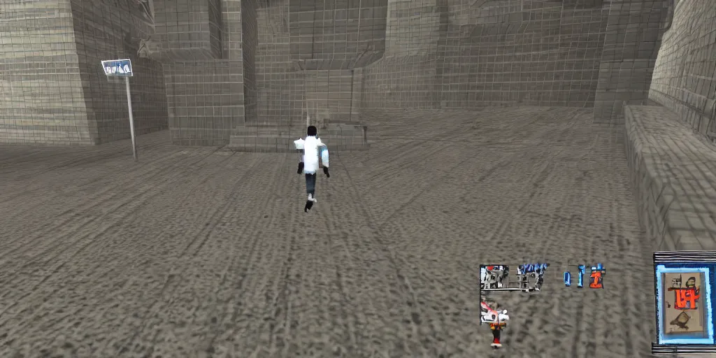 Prompt: PS1 game, third person, man walking through city, static white noise glitching in the sky