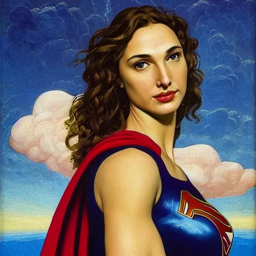 Image similar to Head and shoulders masterpiece portrait oil painting of the beautiful goddess Gal Gadot as Supergirl, she is wearing roman clothes and a surreal jewelry, her hair is natural disheveled, she is approaching heaven over the clouds, naturalism, dramatic lighting, high-detailed oil painting by Ilya Repin, Michelangelo da Caravaggio, William Blake, Alex Grey and Beksinski, trending on Artsation, hystorical painting, naturalism, masterpiece, full body shot, 4k, 8k,