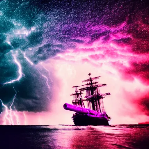 Image similar to purple color lighting storm with stormy sea, pirate ship firing its cannons real life trippy nebula sky 50mm shot