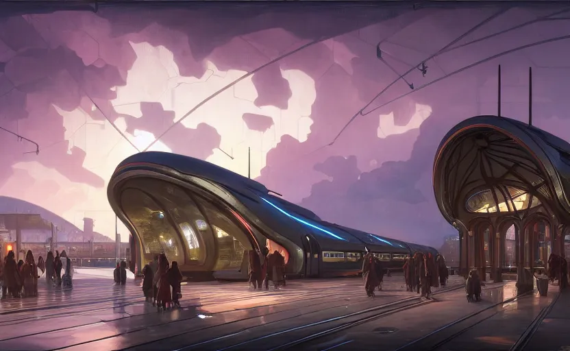 Image similar to exterior shot of utopian train station with cinematic lighting by zaha hadid and renzo piano, darek zabrocki and greg ruthkowski, alphonse mucha, simon stalenhag, cinematic, holy place, paradise, scifi, futurism, atmospheric, sunset, concept art, artstation, trending on artstation