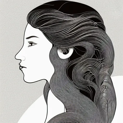 Prompt: portrait of a woman with murmuration of birds flowing from her hair, photorealistic, side profile, by audrey kawasaki and yoshitaka amano and georgia okeeffe, moody lighting, black and white illustration, sharp, detailed