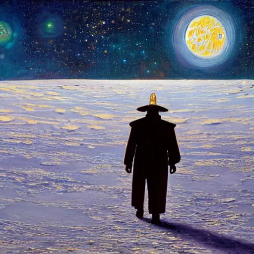 Prompt: an epic painting of an orthodox patriarch walking along an airless icy planet in the endless starry night of space, unreal 5, DAZ, detailed, soft focus, brilliant, 4k, 8k, HD, trending on artstation, art by Rick Guidice painting by Robert McCall by John Harris, abstract