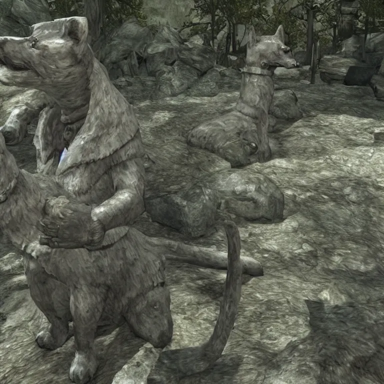 Image similar to a stone shiba inu statue guarding a draugr tomb in skyrim