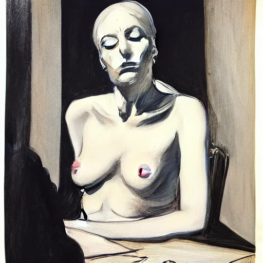 Image similar to ink drawing portrait of a woman in suit by edward hopper and jenny saville and raphael