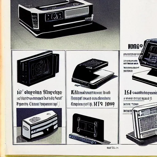 Prompt: 1 9 7 0's popular science magazine sketches of playstation 5, gaming computers, cell phones.