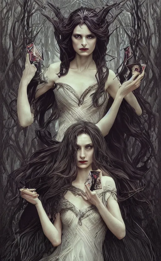 Image similar to playing card of the three fates, dark and ethereal, wild hairs, expressive poses, dark dress, fantasy, intricate, dark forest background, highly detailed, digital painting, artstation, concept art, smooth, sharp focus, illustration, art by artgerm and greg rutkowski, artgerm and alphonse mucha