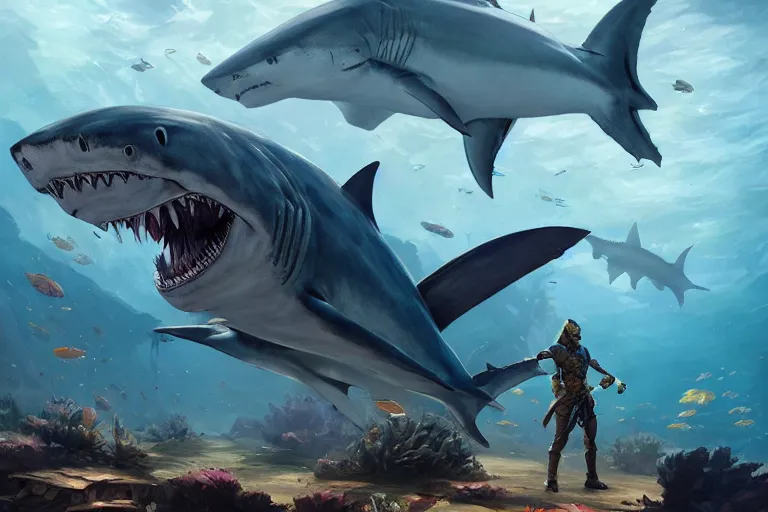 Prompt: an armored humanoi shark standing by coral reef, by mandy jurgens and bayard wu and greg rutkowski, fantasy, d & d, key art