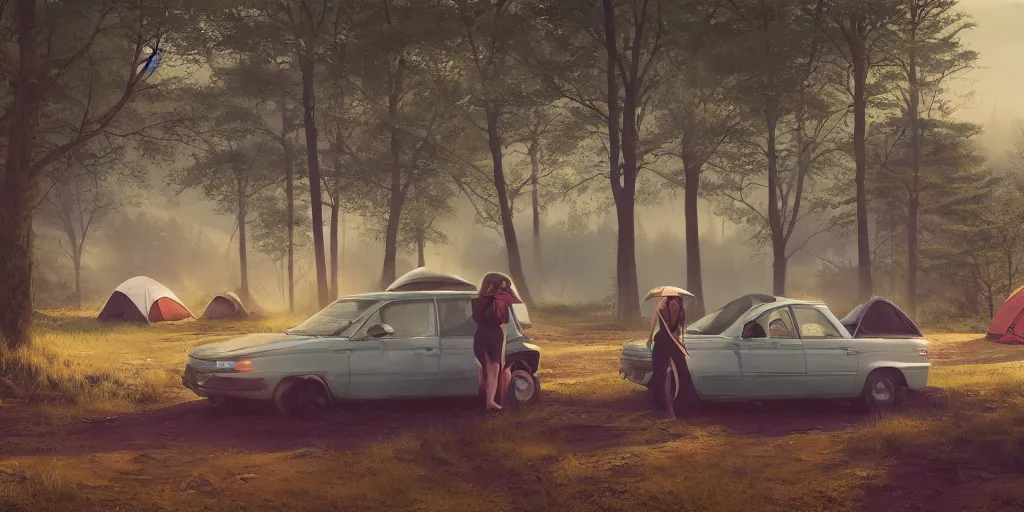 Prompt: looking out a car dash window to see two women camping, elegant scene, low angle, wide angle, indian forest, wide angle, cinematic, ultrarealistic, trending on artstation, cgsociety, highly detailed, color graded, rendered in unreal engine 4 k hq, matte painting, by simon stalenhag and hudson river school, horizon forbidden west