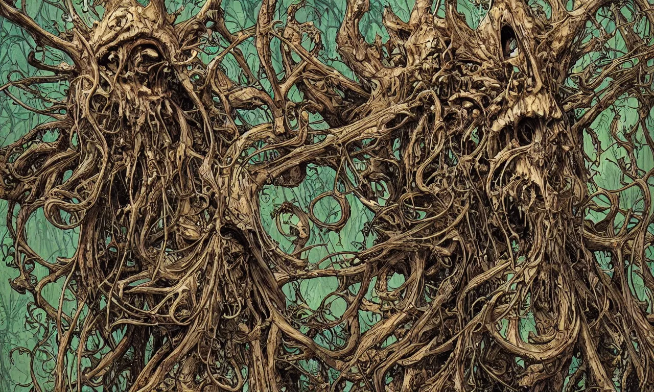 Image similar to hyperdetailed art nouveau portrait of treebeard as a cthulhu eyeball skull wendigo cryptid, by geof darrow, simon bisley and bill sienkiewicz, grim yet sparkling atmosphere, photorealism, claws, skeleton, antlers, fangs, forest, wild, crazy, horror, lynn varley, lovern kindzierski, steve oliff