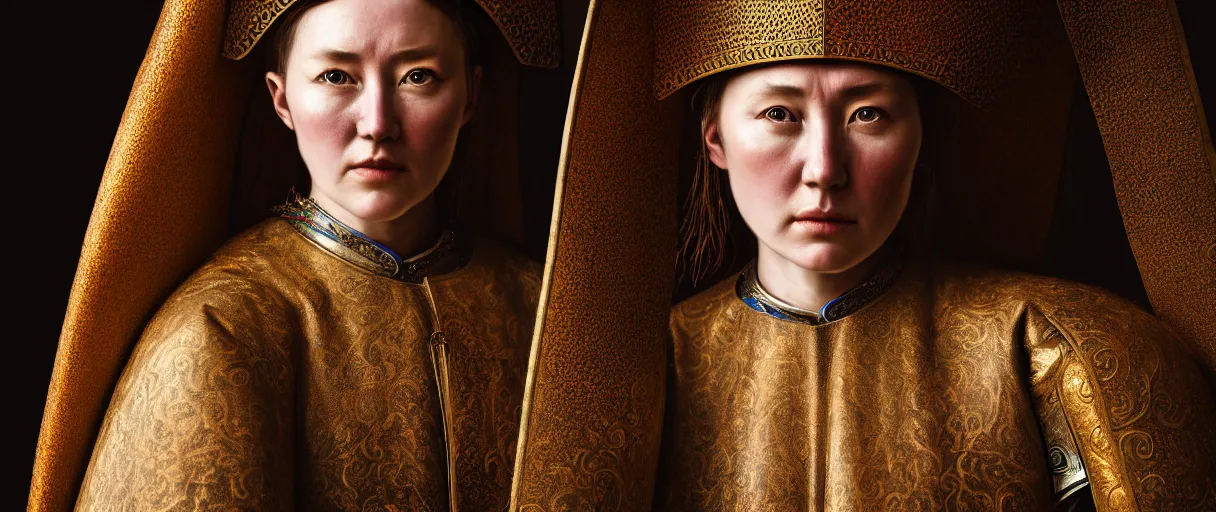 Prompt: hyperrealist highly detailed english medieval portrait of a woman wearing traditional mongolian armor, concept art pascal blanche dramatic studio lighting 8k wide angle shallow depth of field