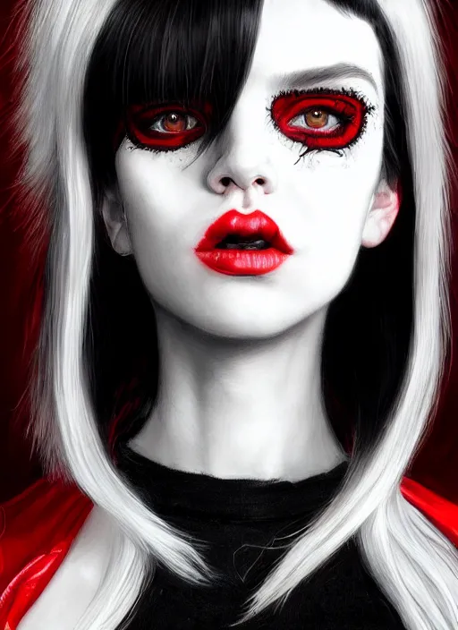 Image similar to portrait of white teenage girl, normal face, black bangs, mall goth, cyberlox, black and white hair, bangs, fluffy bangs, red contacts, intricate, elegant, highly detailed, digital painting, artstation, concept art, sharp focus, smooth, illustration, art by wlop, mars ravelo and greg rutkowski