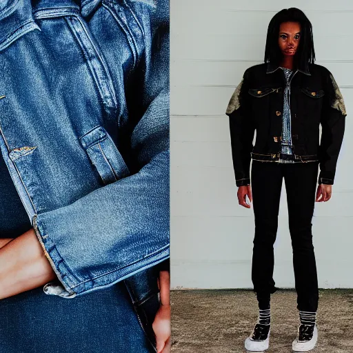 Image similar to realistic photoshooting for a new heliot emil lookbook color film photography portrait of a beautiful woman model, model wears a black paneled denim jacket, photo in style of tyler mitchell