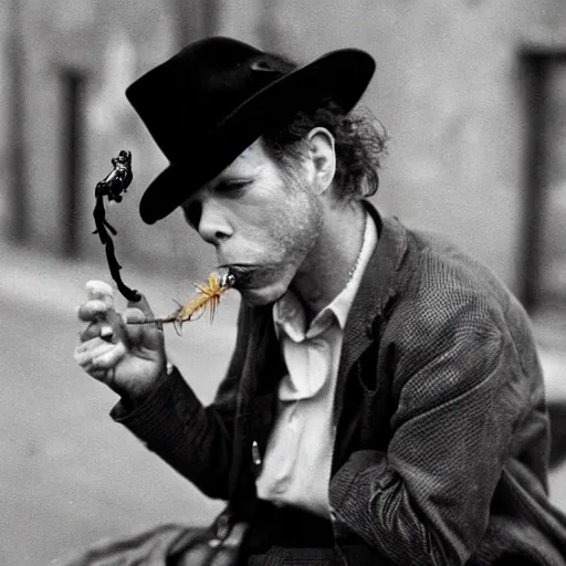 Image similar to tom waits with the body of a spider, smoking a pipe, on the streets of san diego