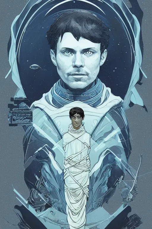 Image similar to frank herbert's dune themed majestic paul atreides blue eyed fremen prophet sketch by sachin teng, moebius, artgerm, alphonse mucha, masterpiece, intricate organic painting, matte painting, futuristic geometrical drawing shapes, desert ambience, hard edges, cinematic character art movie poster by drew struzan, graffiti, street art by sachin teng