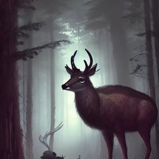 Prompt: anthropomorphic deer monster in a dark moonlit forest, dark fantasy, by greg rutkowski, trending on artsation, volumetrics, 4k
