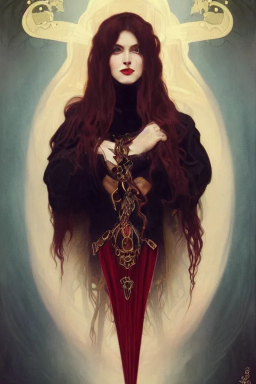 Prompt: female occultist, sweeping wild blonde hair, red eyes, portrait, high cheekbones, smug, evil, Victorian, black velvet dress, dark colors, ruby jewelry, fantasy painting, trending in Artstation, GSociety, by Alphonse Mucha, WLOP, Brom, William-Adolphe Bouguereau