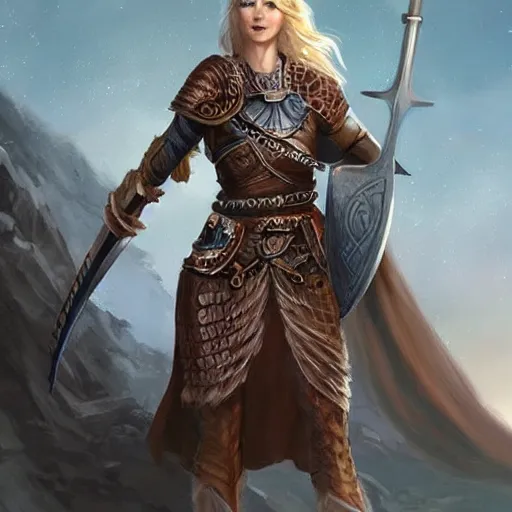 Image similar to viking woman, blonde, tall, paladin, d & d, concept art, science fiction, fantasy