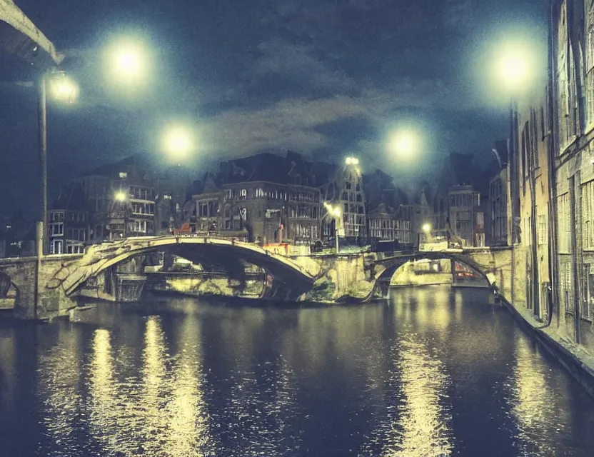 Prompt: close view of a bridge over water in gent belgium at night, peaceful and serene, incredible perspective, soft lighting, anime scenery by makoto shinkai and studio ghibli, very detailed