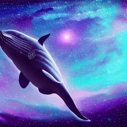 Image similar to portrait of whale swimming on a dark night sky, swimming across the universe, nebulae, purple and blue, galaxies, oniric, dreamy, beautiful, highly detailed, cinematic, dynamic composition, trending on artstation