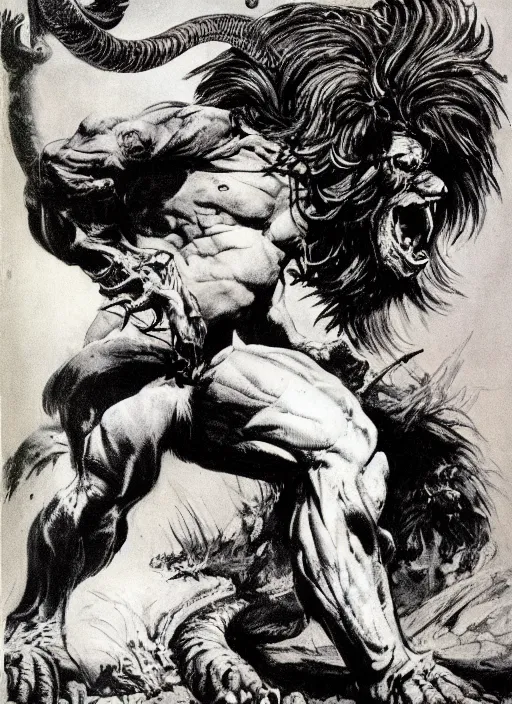 Image similar to a creature with the body and eyes of a man, with the beak of an eagle, the mane of a lion, and the horns of an ox. drawn by frank frazetta