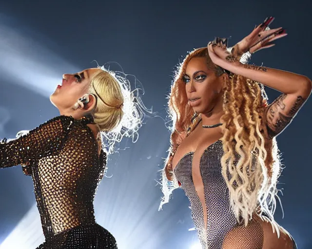 Image similar to Lady gaga and Beyonce perfom together at a concert, EOS 5D, ISO100, f/8, 1/125, 84mm, RAW Dual Pixel, Dolby Vision, HDR, AP, Featured