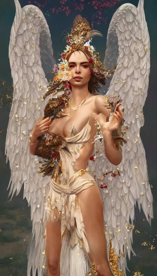 Prompt: expressive full body photo of sophia lauren as beautiful angel, smooth glowing skin, ornate headpiece made from flowers, ornaments, glamour shot, by karol bak, by greg rutkowski, by artgerm, octane render, unreal engine, photorealistic, canon r 3, fashion photography