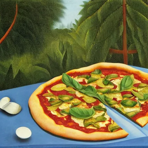 Image similar to A magaritha pizza on a marble table in a garden by Henri Rousseau