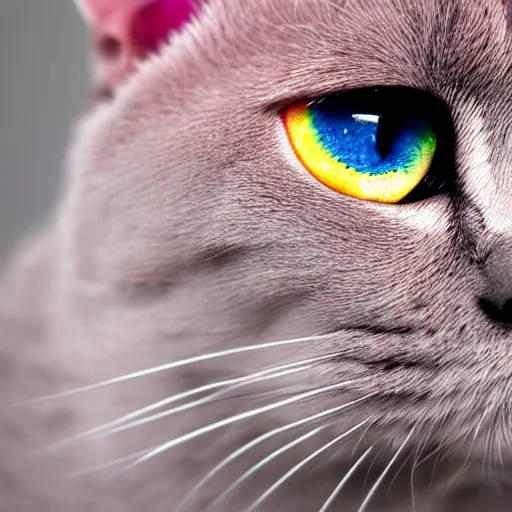 Prompt: 4 k photography of a pink british shorthair cat with rainbow eyes