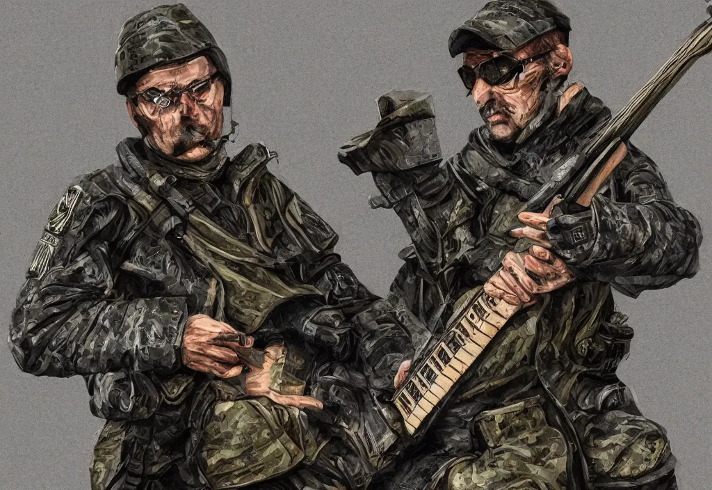 Image similar to major degtyarev from the game stalker plays an electric guitar, 8 k, sharp focus, extremly detailed, digital painting, smooth, illustration