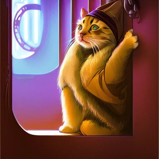 Image similar to a cat wearing a hooded cloak, in an elevator with art nouveau neon panelling, by pascal blanche and james jean moebius and james gurney and greg rutkowski, 8 k