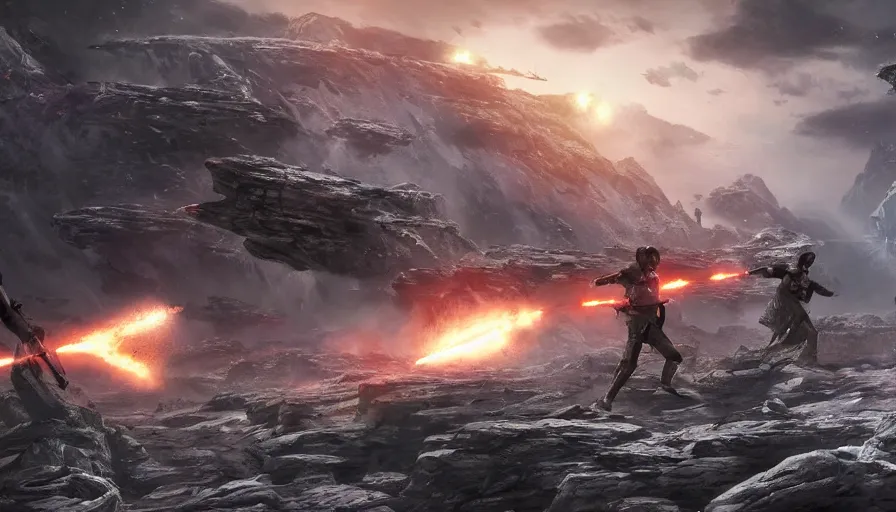 Image similar to an epic battle between the empire and the rebellion on a rock planet, cinematic, rtx, detailed, beautiful, accurate, fantasy artwork