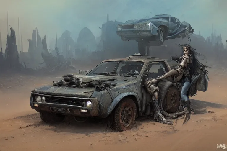 Image similar to a Dacia 1310, in Mad Max style, coriolios rpg art style, full of details, dark sci-fi, cold blue colors, matte painting, artstation, 8k, hyperrealistic, style of peter mohrbacher