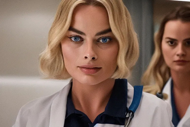 Prompt: margot robbie as a nurse in a hospital, thicc, detailed body, seductive eyes, wall lighting, healthcare setting