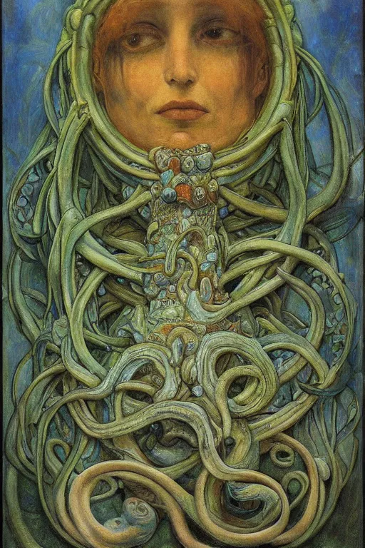 Prompt: the tentacle crown,by Annie Swynnerton and Diego Rivera and Elihu Vedder, symbolist, dramatic lighting, elaborate geometric ornament, Art Brut, bioluminescent, soft blues and greens,smooth, sharp focus, extremely detailed, Adolf Wölfli