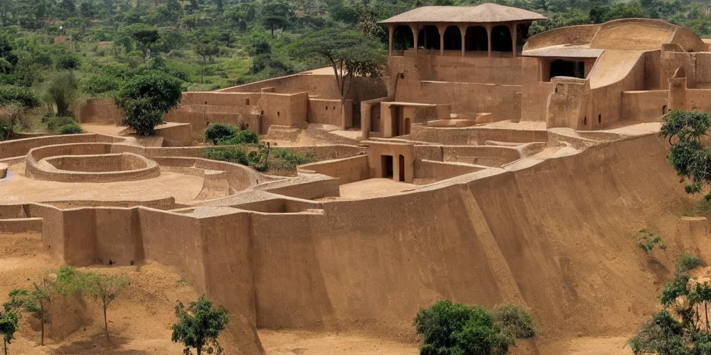 Image similar to ashanti rammed earth palace, 1 8 7 4, the palace is located atop a hill and overlooks a traditional african city, there a lush forest surrounds it