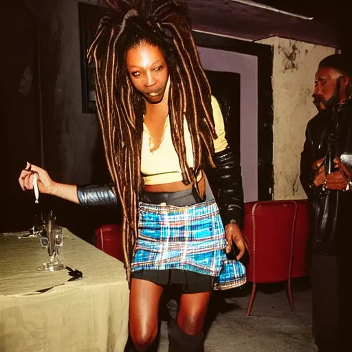 Image similar to jamaican woman with dreads wearing a leather jacket and a plaid miniskirt at a fancy restaurant, polaroid, by nan goldin, jamel shabbaz, gregg araki