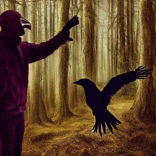 Image similar to creature consisting of a crow and a human, werecrow, photograph captured in a dark forest