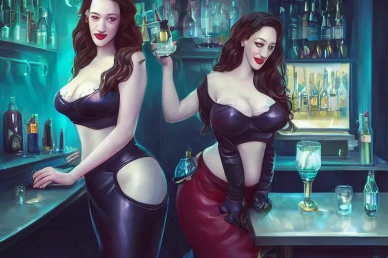 Prompt: A portrait of a Kat Dennings as a seductive bar maid serving drinks at a pub Ruan Jia and Mandy Jurgens and Artgerm and william-adolphe bouguerea, highly detailed, trending on artstation, award winning, H 768