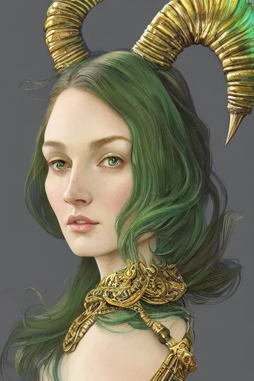 Prompt: a beautiful woman with a perfect face!!! shiny green iridescent skin, big natural ram horns on her head, bust portrait, gold jewelry, dnd, face, fantasy, intricate, elegant, highly detailed, digital painting, artstation, concept art, smooth, sharp focus, illustration, art by artgerm and greg rutkowski and alphonse mucha